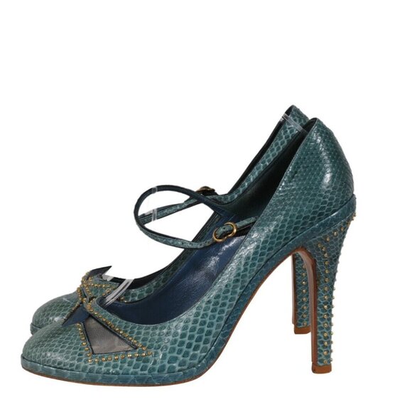 Marc Jacobs Womens Strappy Buckle Pumps US 9 EU 39 Green Python Leather Studded - Picture 4 of 11